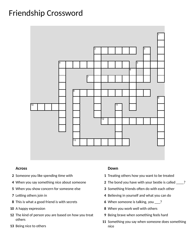 Friendship crossword with vocabulary like kindness, respect, teamwork, and courage.