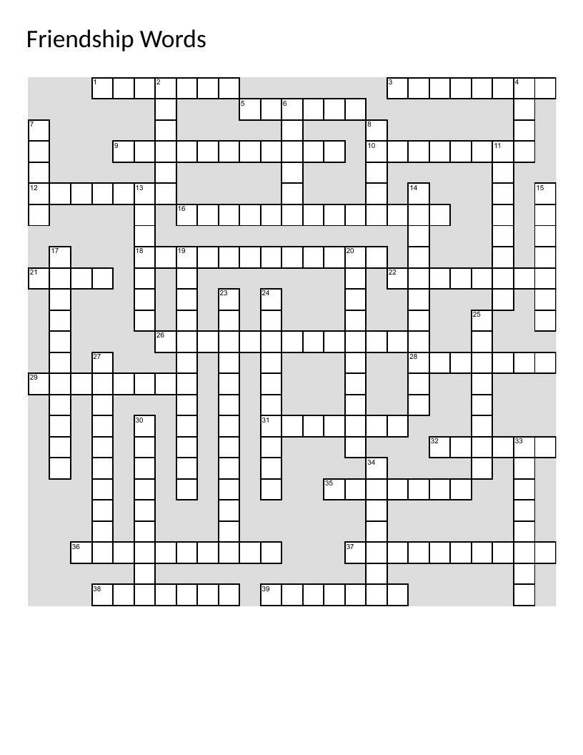 Friendship values crossword with words like kindness, empathy, and teamwork.