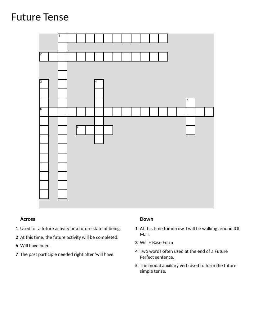 Future tense grammar crossword with simple, perfect, and progressive forms.