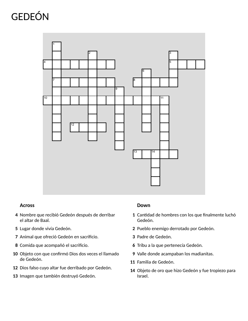 Gideon Bible study crossword in Spanish with Jerubbaal, Ophrah, and Midianites.