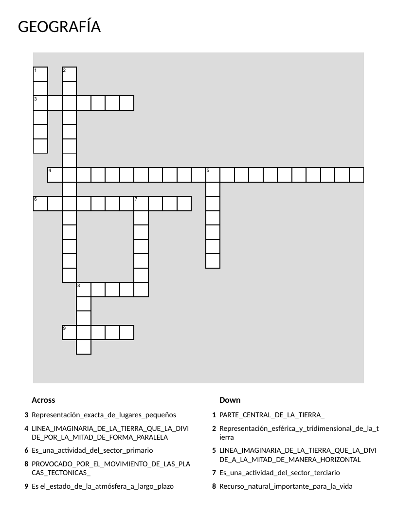 Spanish geography crossword with earth science vocabulary like clima, sismo, and meridiano.