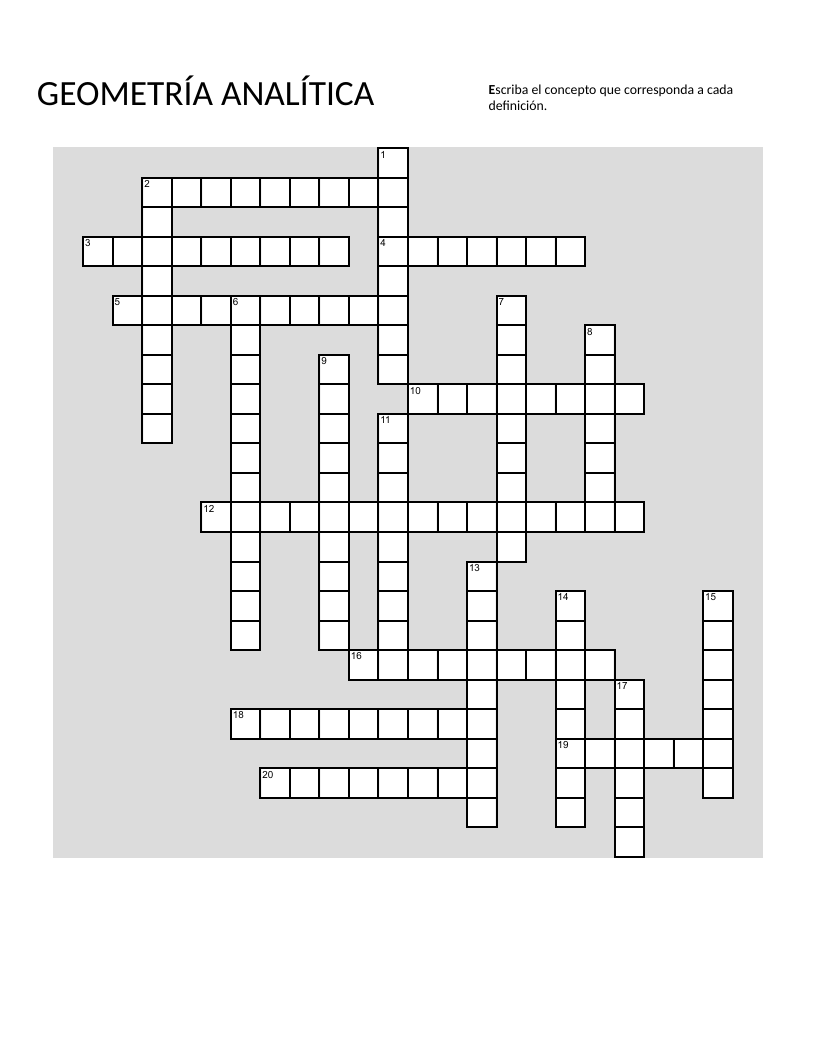 Analytic geometry crossword in Spanish with conic sections, coordinate plane, and triangle centers.