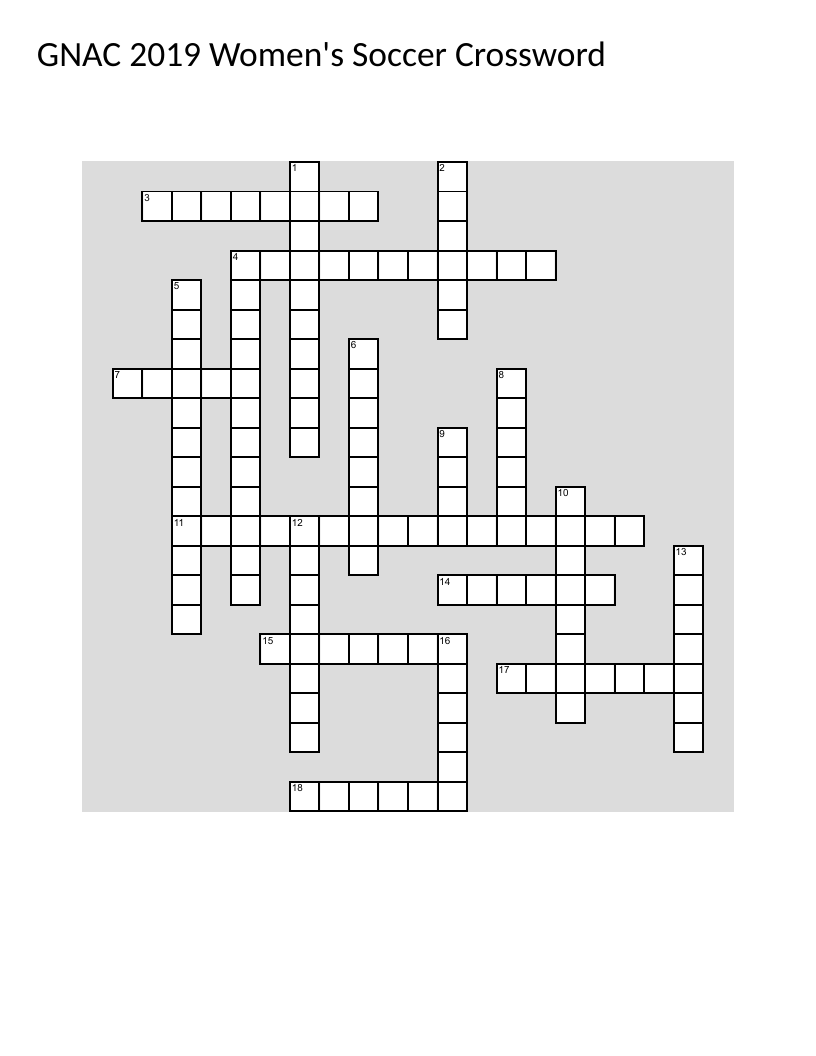 GNAC women's soccer crossword with clues about players, awards, and the 2019 championship.
