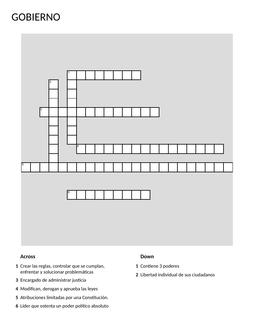 Spanish civics crossword covering government branches, democracy, and political systems.