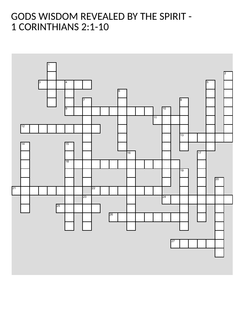 Bible study crossword on 1 Corinthians 2, exploring wisdom, faith, and the Holy Spirit.