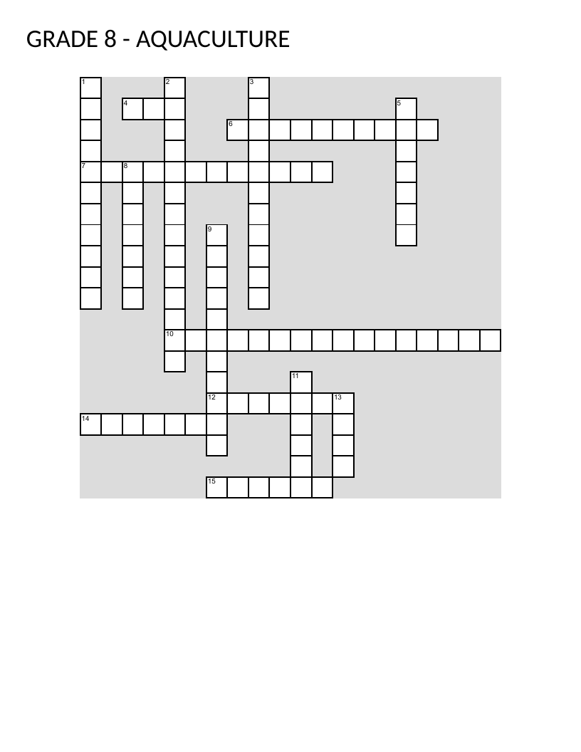 Aquaculture crossword for Grade 8 with tsunami, cyclone, and marine hazards vocabulary.