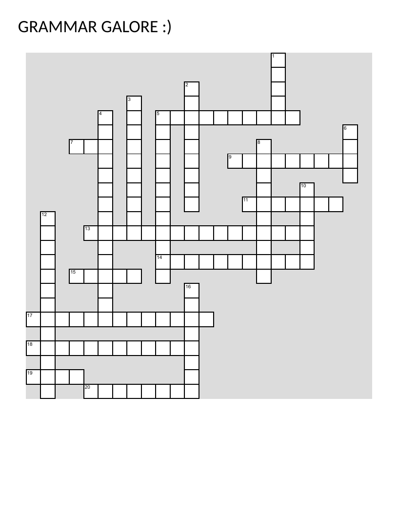 Grammar crossword puzzle with relative pronouns and everyday vocabulary words.