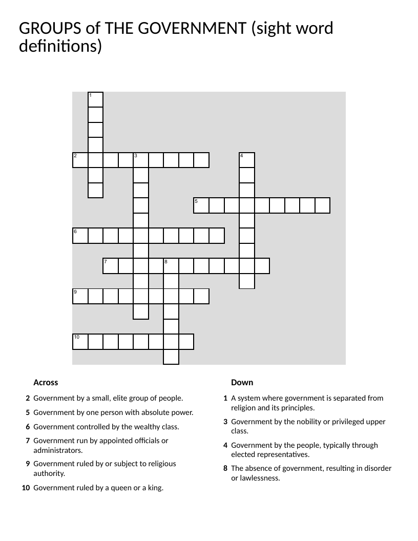 Government systems crossword covering democracy, monarchy, oligarchy, and theocracy.