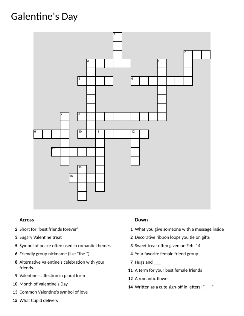 Galentine's Day friendship crossword with words like hearts, chocolate, and besties.