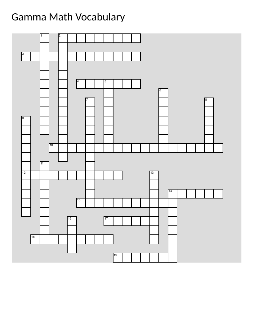 Math vocabulary crossword with perimeter, area, fractions, and angles.