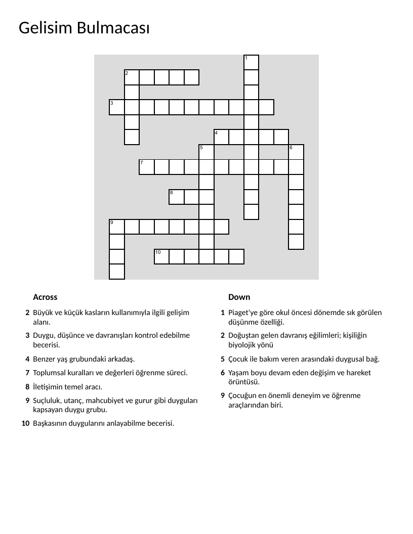 Turkish crossword on child development with terms like empathy, attachment, and motor development.