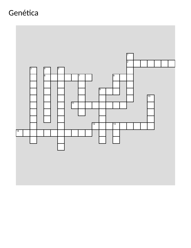Spanish genetics crossword with DNA, RNA, genes, and heredity vocabulary.