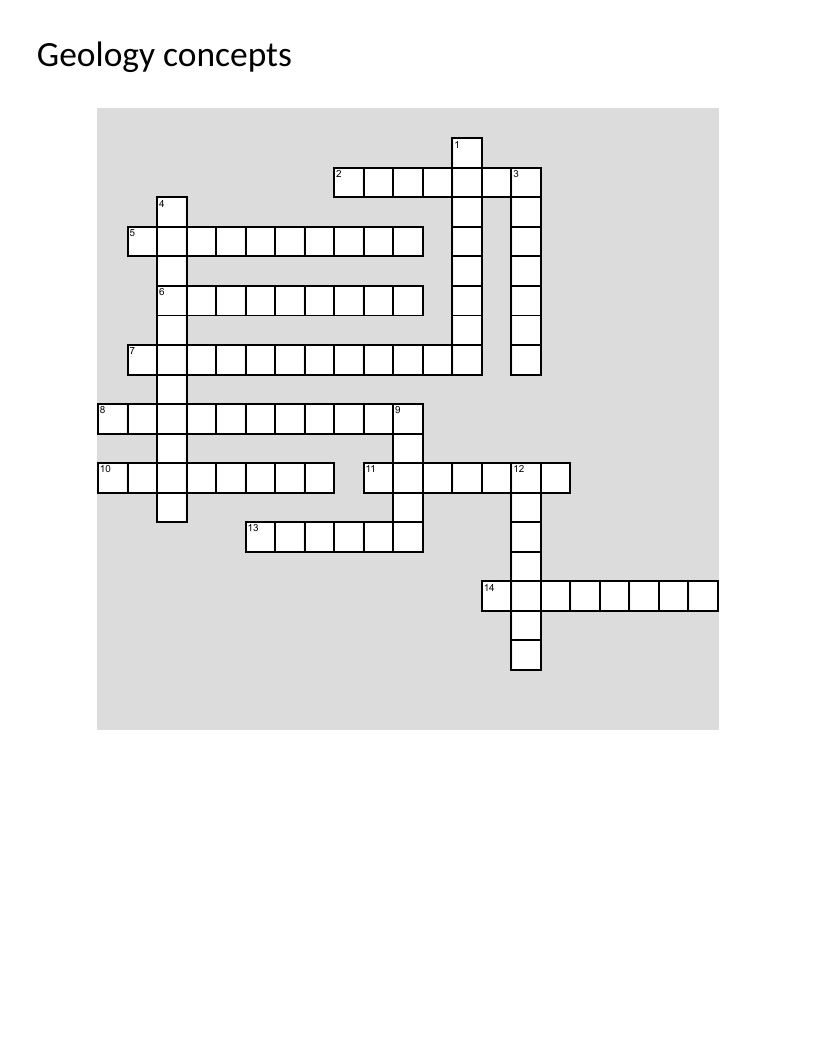 Geology concepts crossword with rock types, weathering, erosion, and mineral properties.
