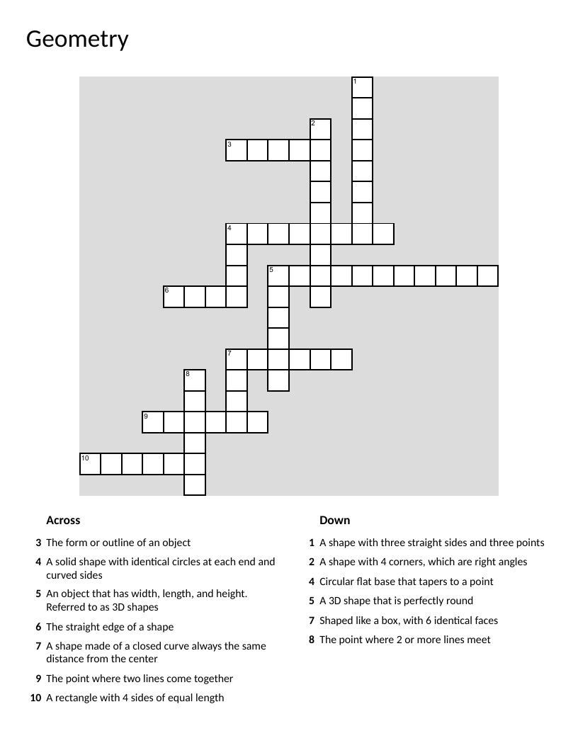 Geometry crossword with 2D and 3D shapes: circles, triangles, cylinders, spheres, and cubes.
