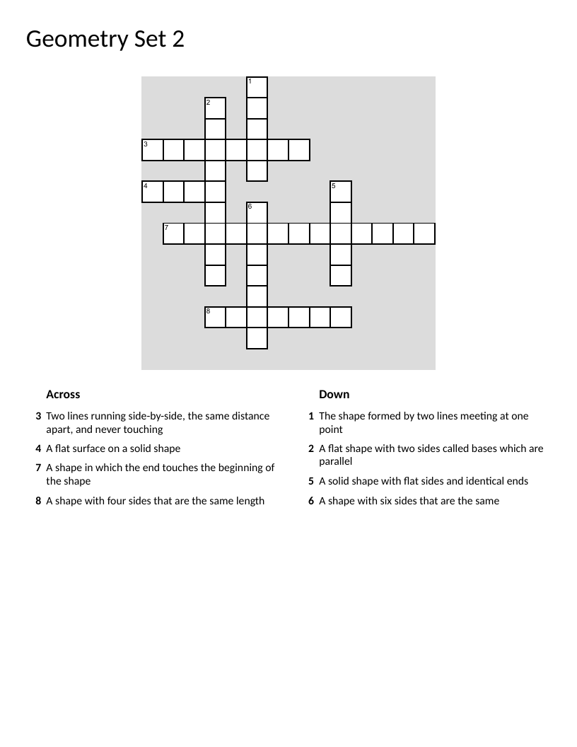 Geometry crossword with shapes, angles, parallel lines, and prisms.