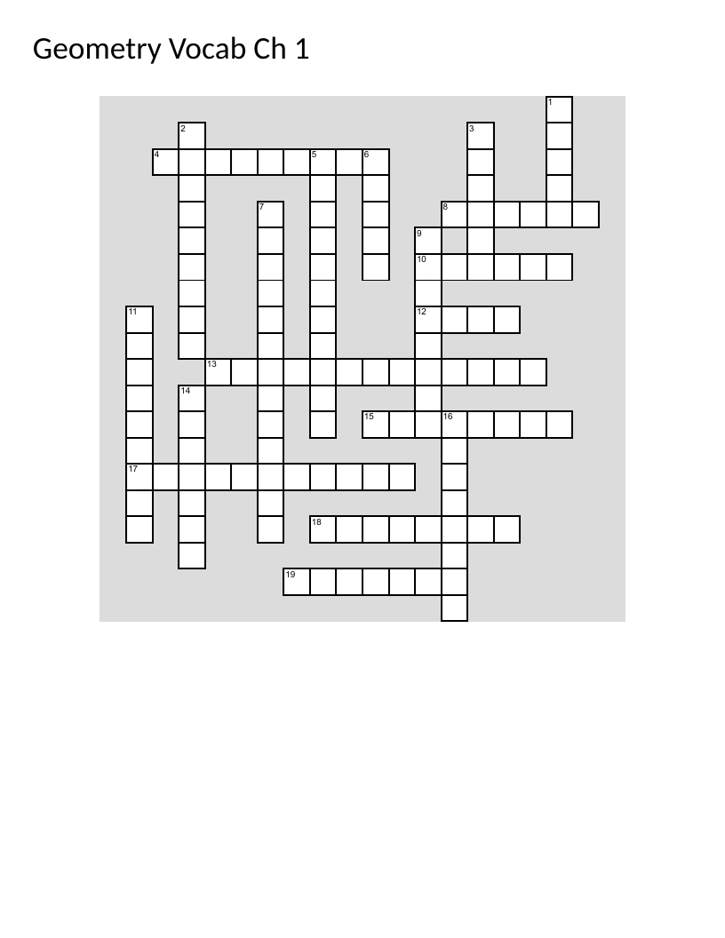 Geometry vocabulary crossword with angles, polygons, and geometric terms.