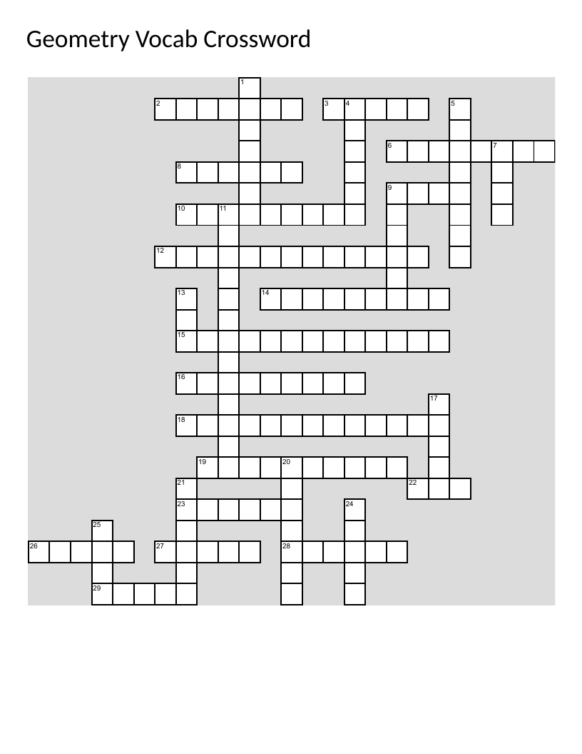 Geometry vocabulary crossword with terms like tangent, perpendicular, and hypotenuse.