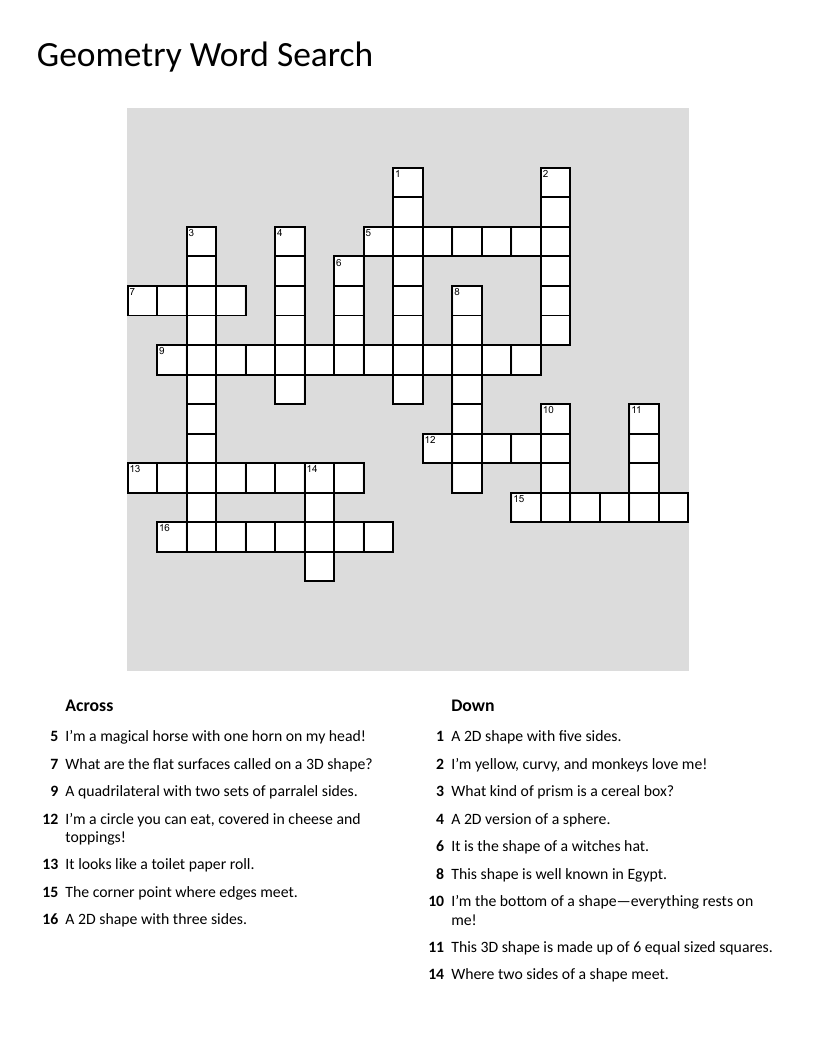 Geometry crossword puzzle with shapes like triangle, cylinder, pyramid, and cube.