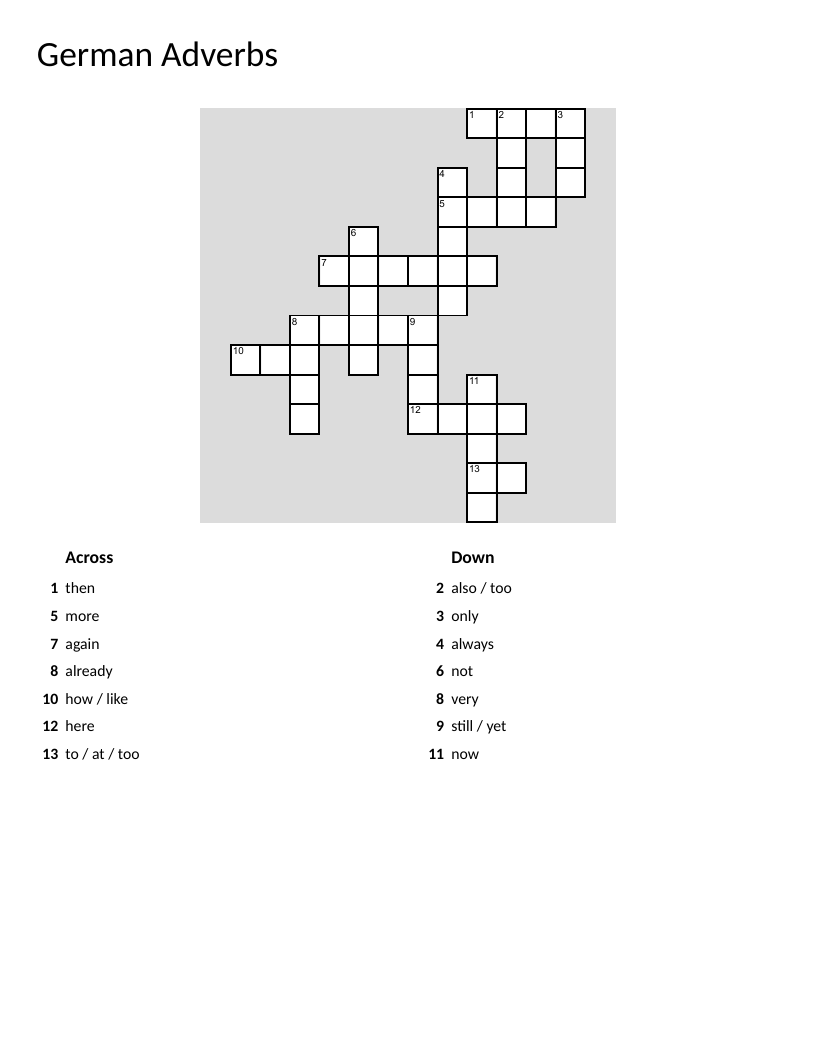 German adverbs crossword with vocabulary like dann, sehr, immer, and noch.