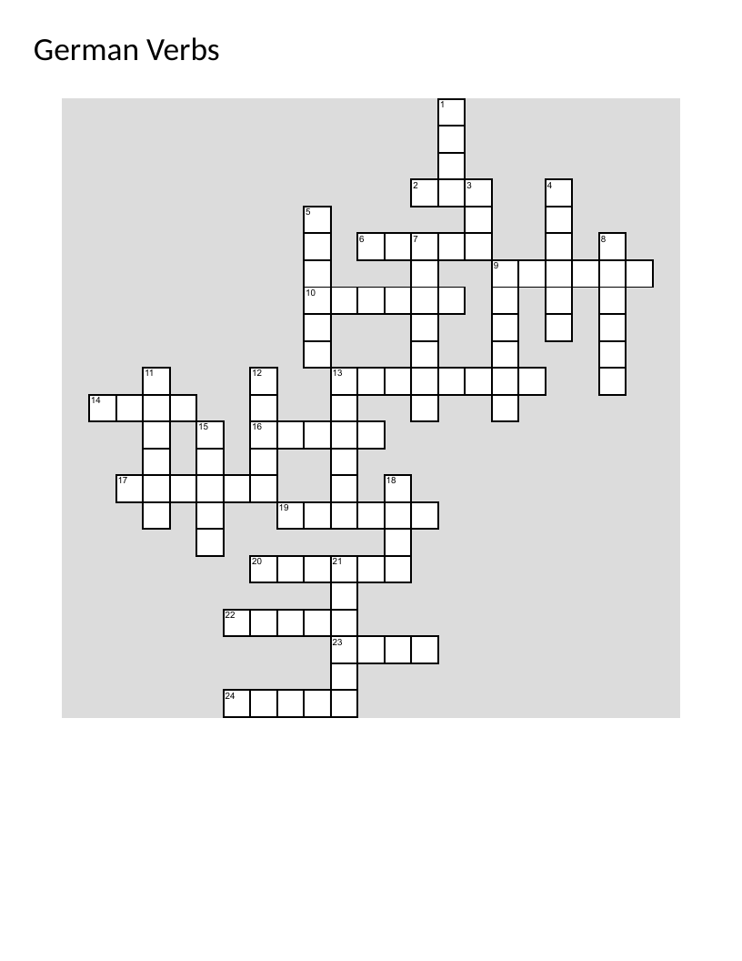 German verbs crossword puzzle with common verbs like sein, haben, and gehen.