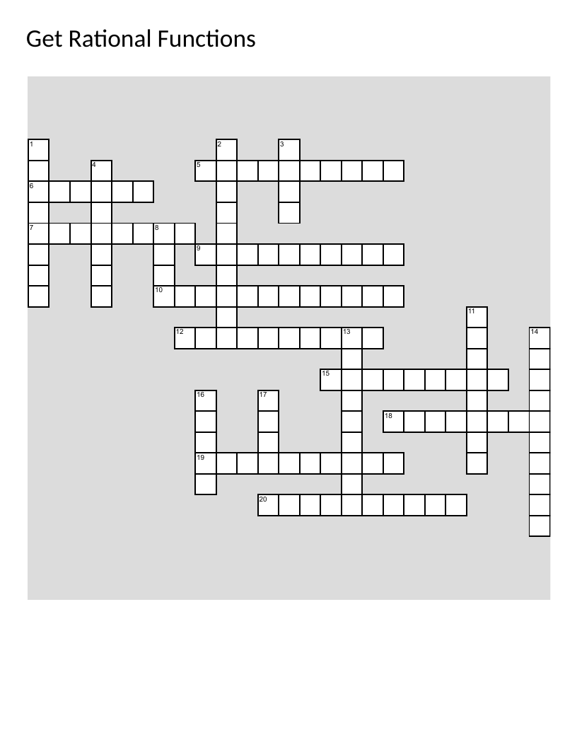 Rational functions crossword with vocabulary like asymptotes, polynomial division, and conjugates.