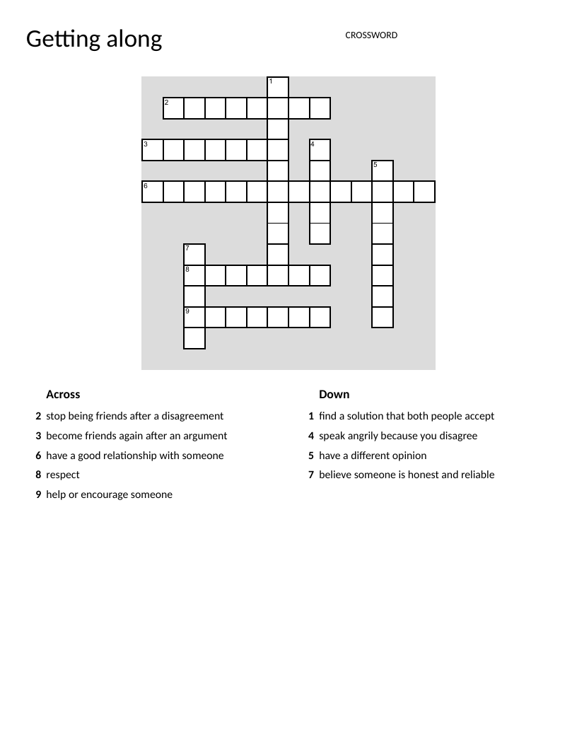 Crossword on relationships and conflict resolution with words like trust, compromise, and respect.