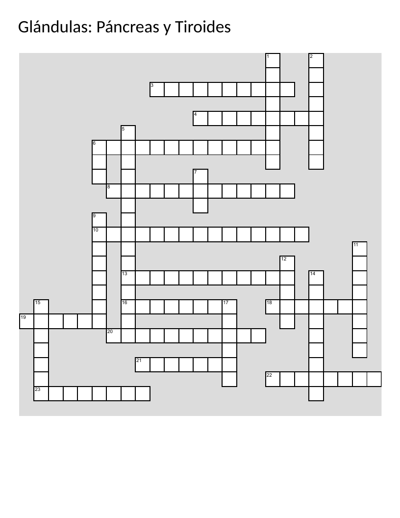 Spanish crossword on pancreas and thyroid glands with hormones and enzymes.