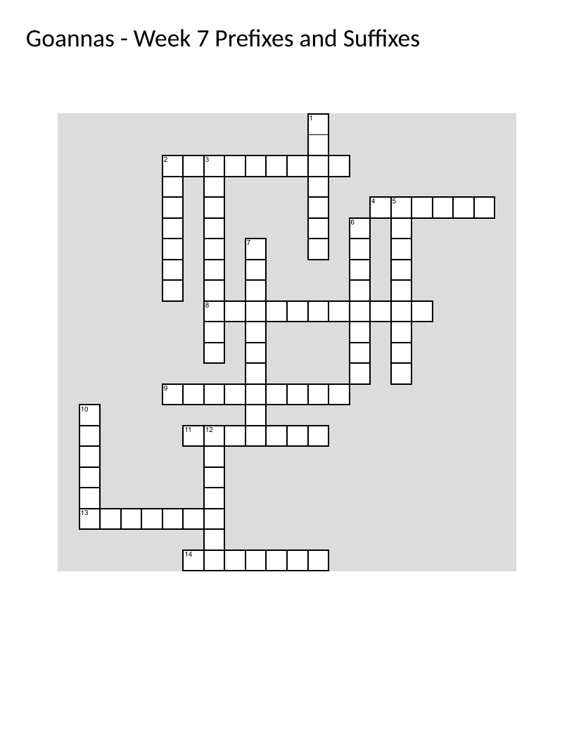 Prefixes and suffixes crossword with words like emergency, dentist, and optimism.