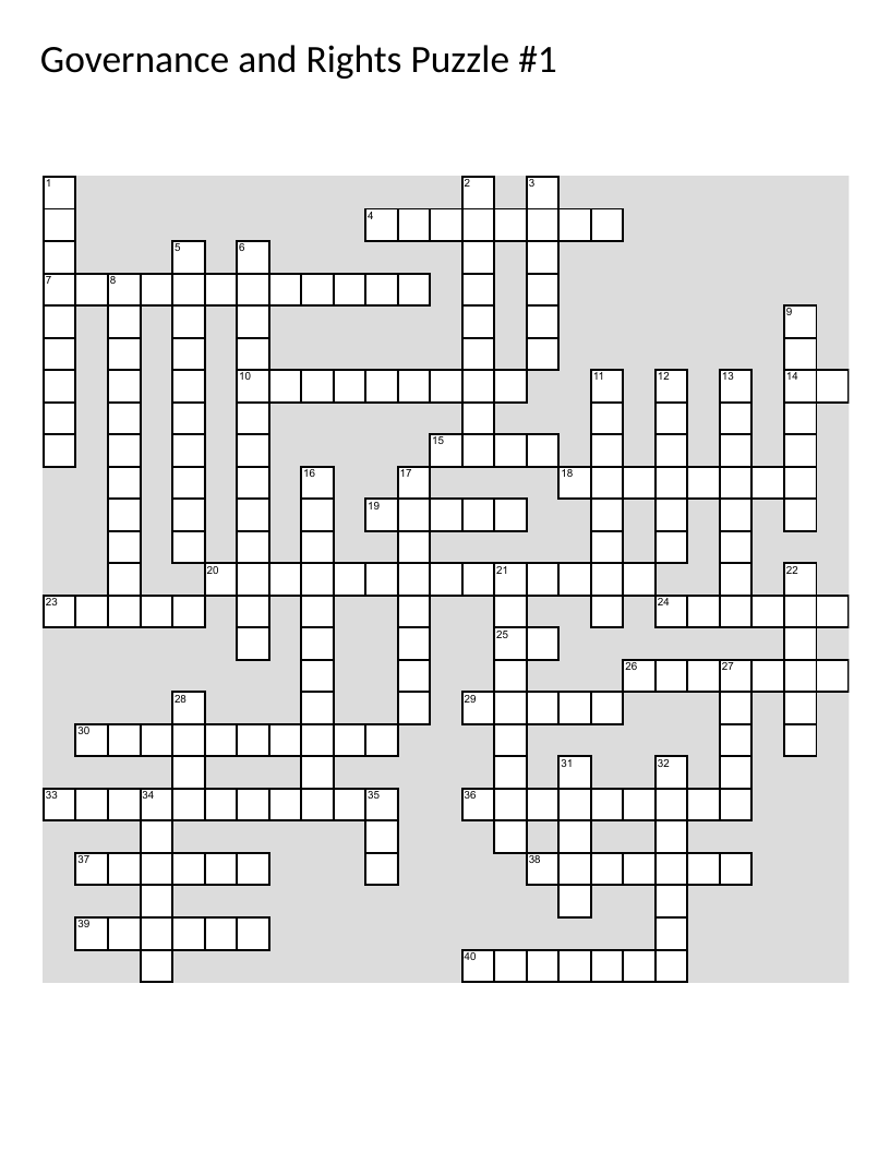Canadian government crossword covering Parliament, voting, democracy, and civic participation.