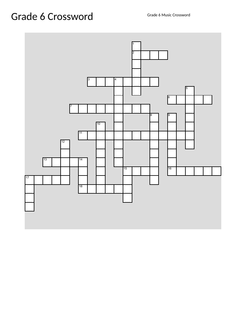 Band and music theory crossword puzzle with instruments, scales, and rhythm vocabulary.