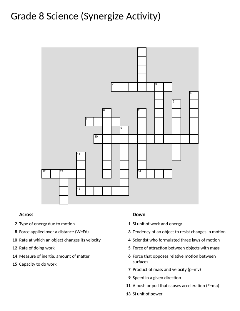 Grade 8 physics crossword puzzle covering motion, energy, forces, and Newton's laws.