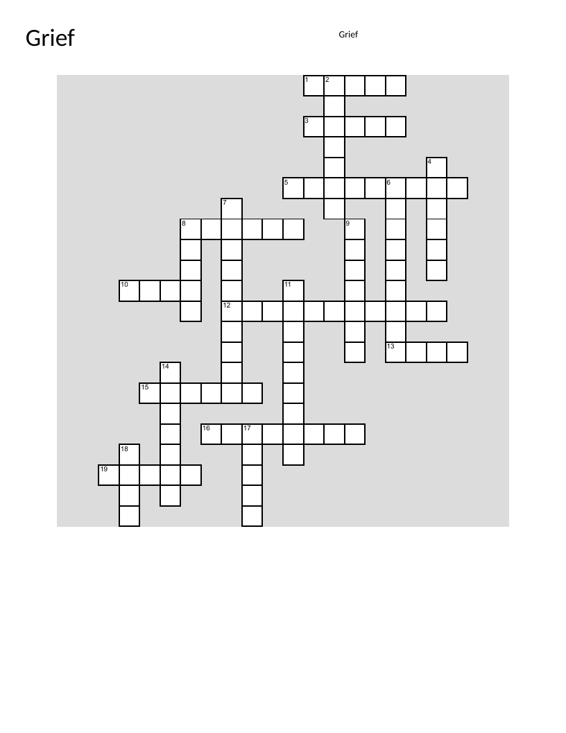 Grief and emotions crossword puzzle for students with vocabulary like sadness, hope, and healing.