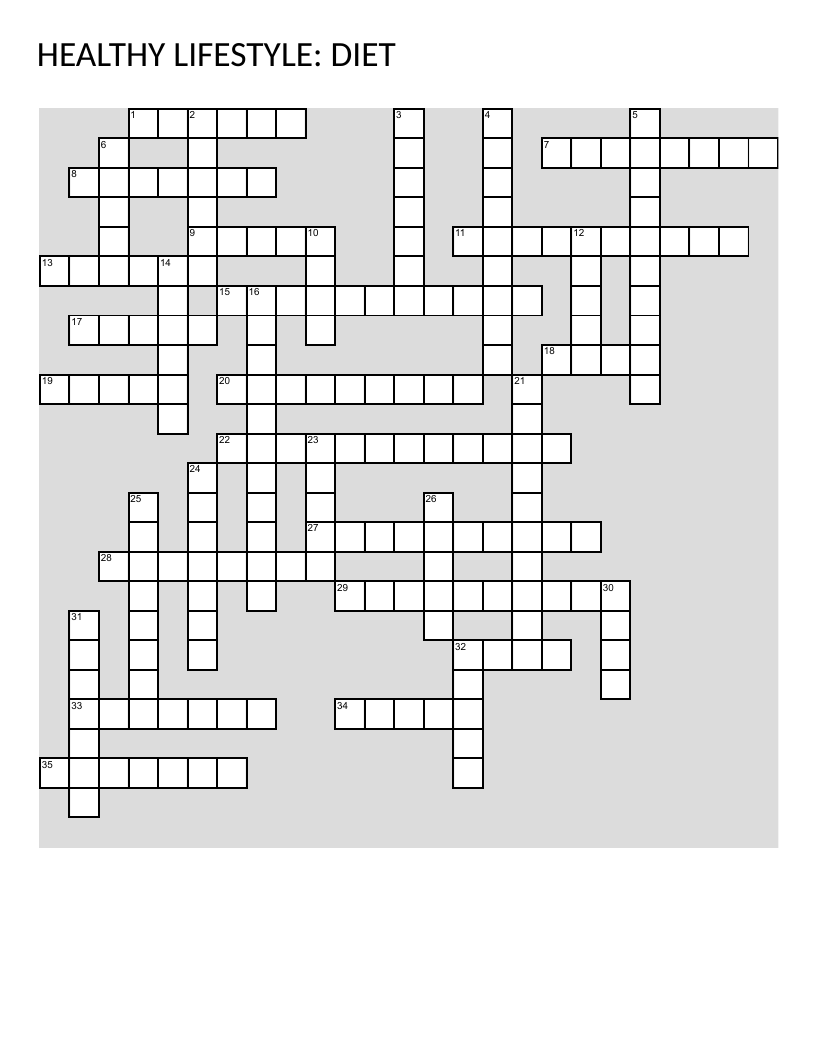 Healthy diet vocabulary crossword with nutrition, balanced meals, and food terminology.