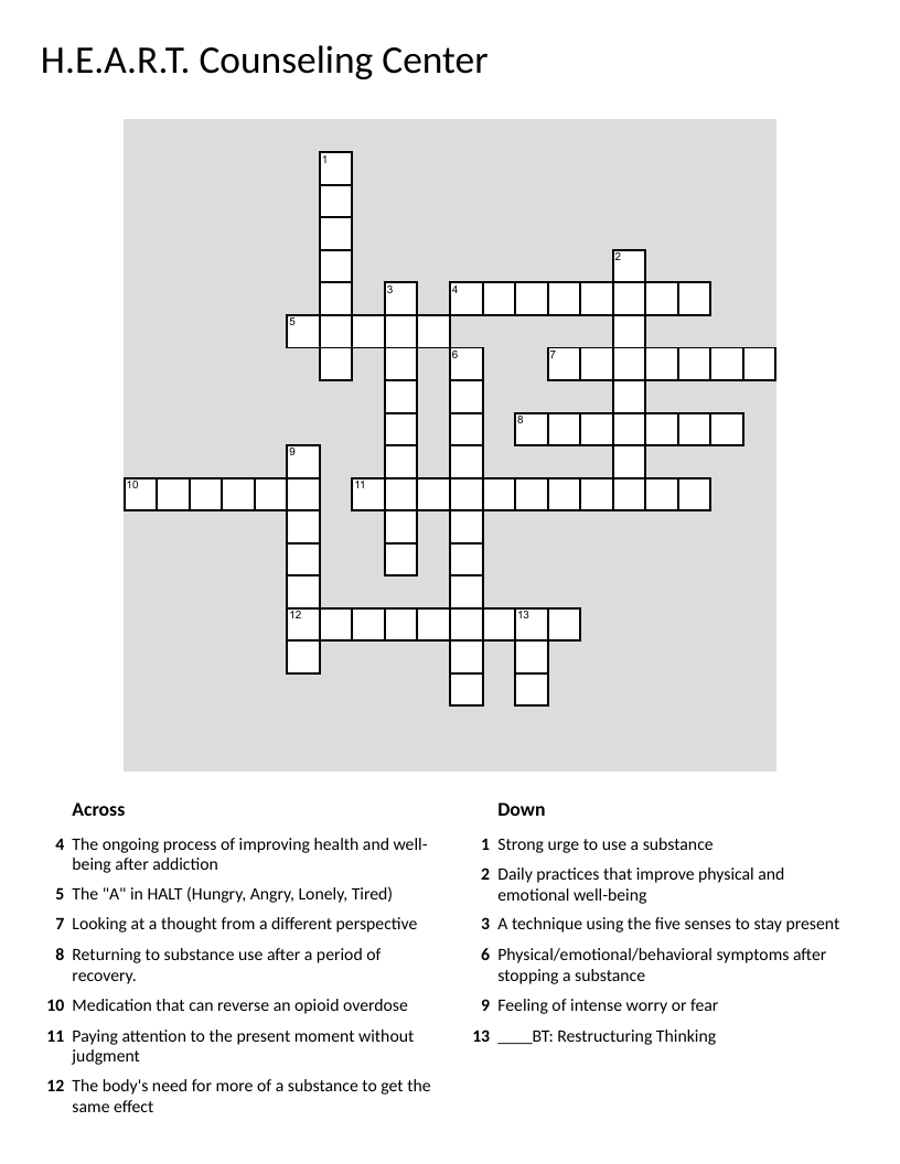 Addiction recovery and mental health crossword with terms like mindfulness, withdrawal, and coping skills.