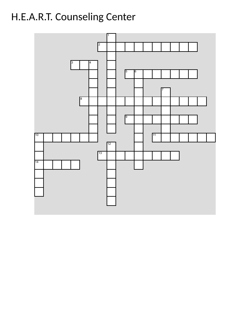 H.E.A.R.T. Counseling Center crossword on mental health, recovery, and wellness.