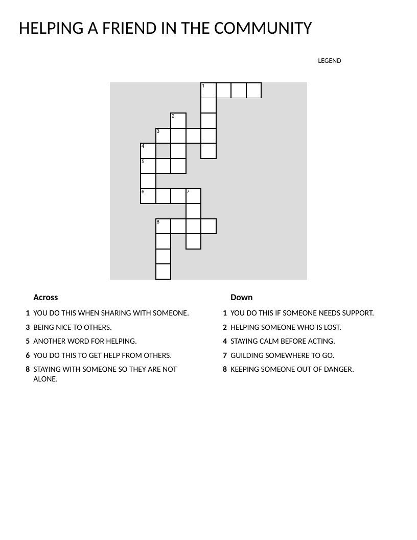 Community helping crossword with words like give, kind, and guide for young learners.