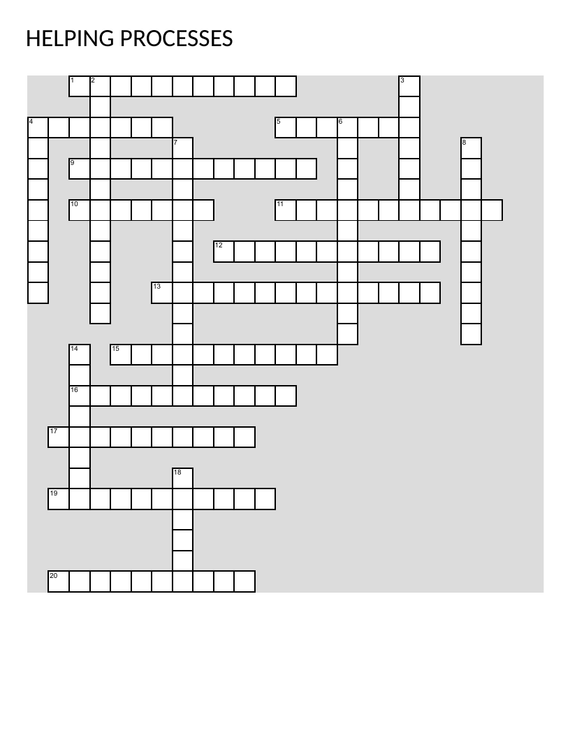 Helping processes crossword with counseling vocabulary like relationship building and conflict resolution.