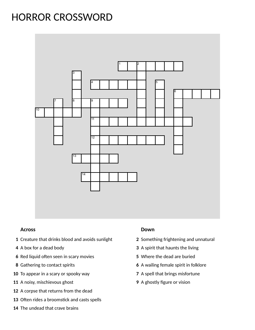 Horror crossword puzzle with vampires, witches, ghosts, and zombies.
