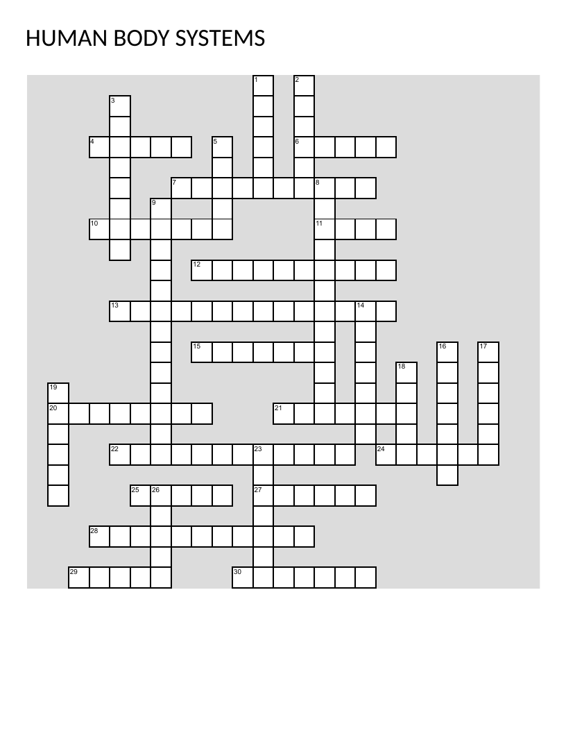 Human body systems crossword with brain, heart, lungs, kidneys, and reproductive organs.