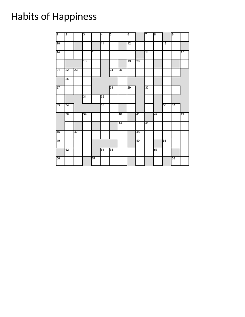 Happiness and positive habits crossword with inspirational quotes and mindset themes.