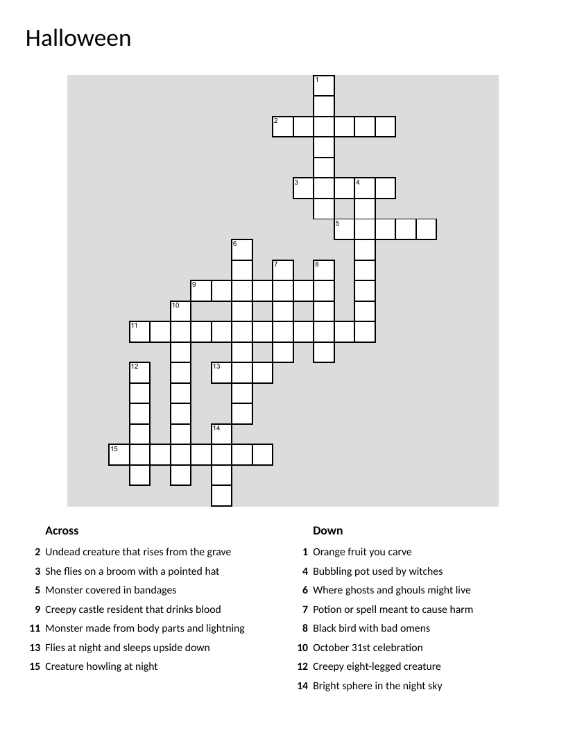 Halloween crossword with monsters, pumpkins, witches, and spooky vocabulary.