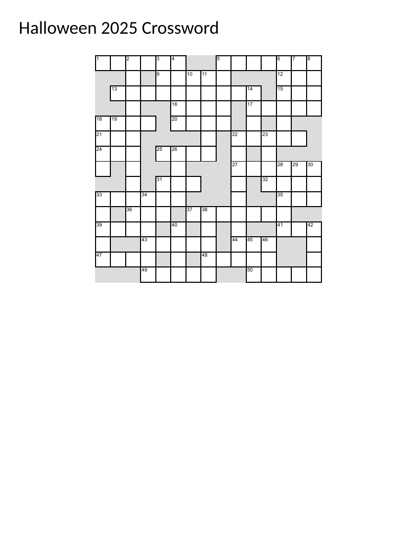 Halloween crossword puzzle with spooky and pop culture clues.