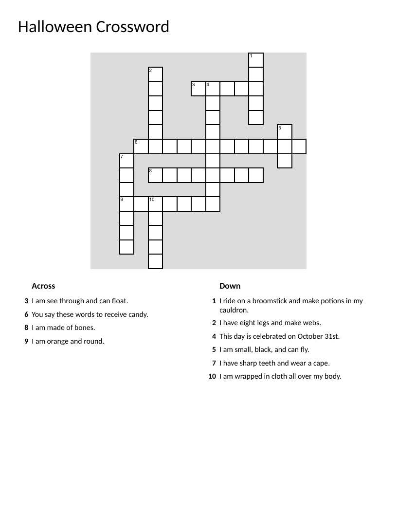 Halloween crossword with ghost, pumpkin, witch, and bat clues for young learners.