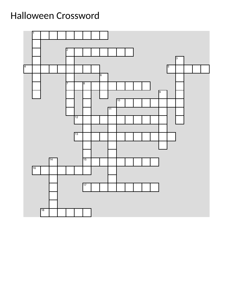 Halloween crossword with spooky vocabulary: ghosts, witches, jack-o'-lanterns, and graveyards.