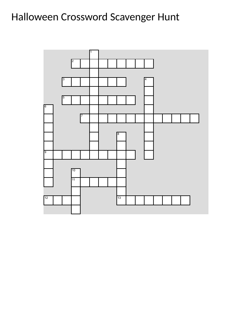 Halloween crossword with spooky clues, monsters, skeletons, and costume shop references.