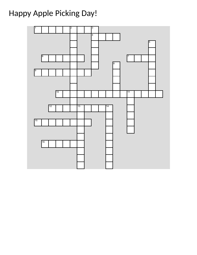Fall crossword with apple picking, pumpkins, Halloween, and autumn activities.