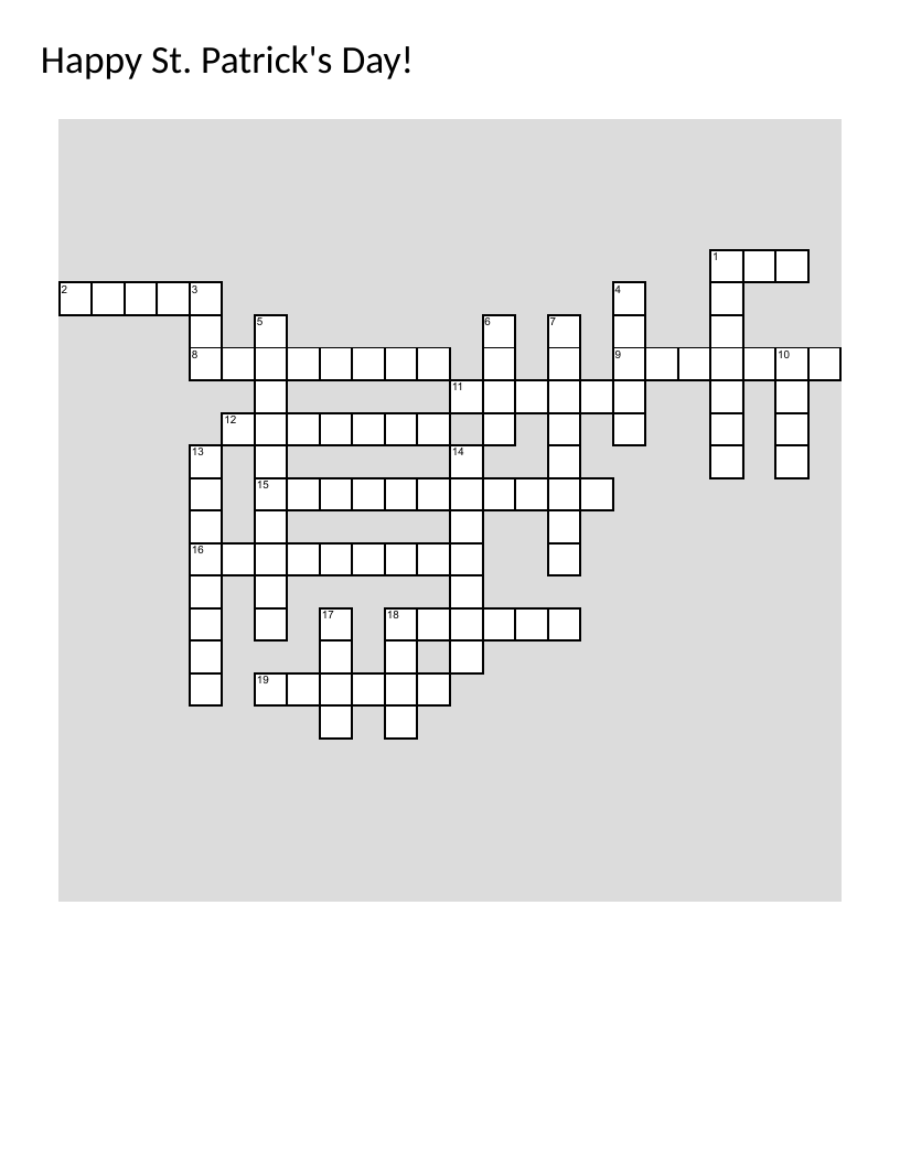 St. Patrick's Day crossword with shamrocks, leprechauns, and rainbows.