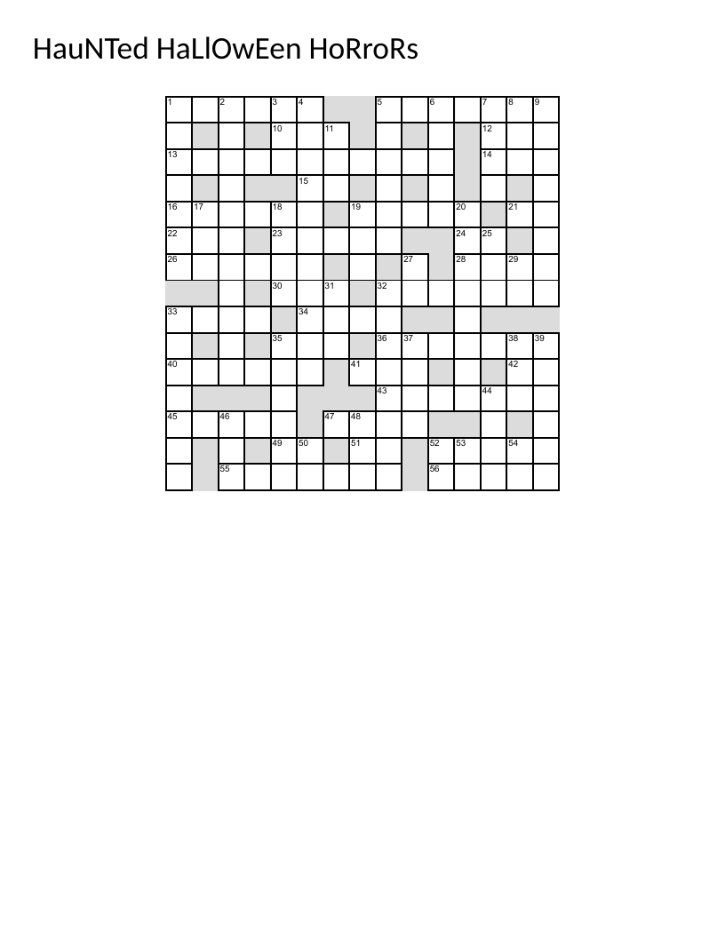 Halloween crossword with pumpkins, costumes, goblins, and religious themes.