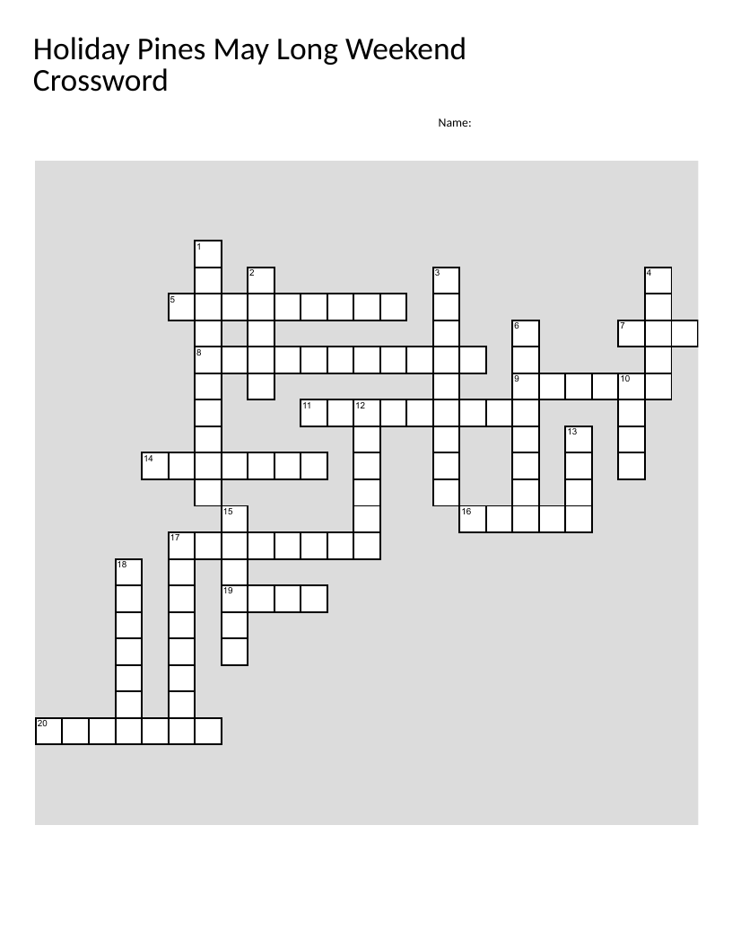 May long weekend cottage crossword with Ontario lakes, campfire, and nature themes.