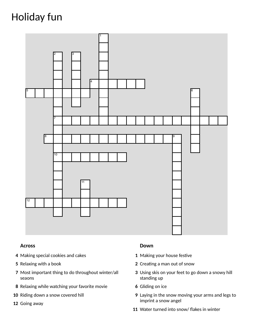 Winter crossword puzzle with skiing, sledding, ice skating, and snow activities.